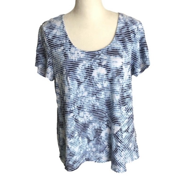 J. Jill Pure Jill Blue Striped Linen Blend Scoop Neck Short Sleeve Shirt - Picture 1 of 6